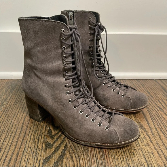Jeffery Campbell distressed gray suede lace up heeled boots size 38/7-7.5 - Picture 1 of 8